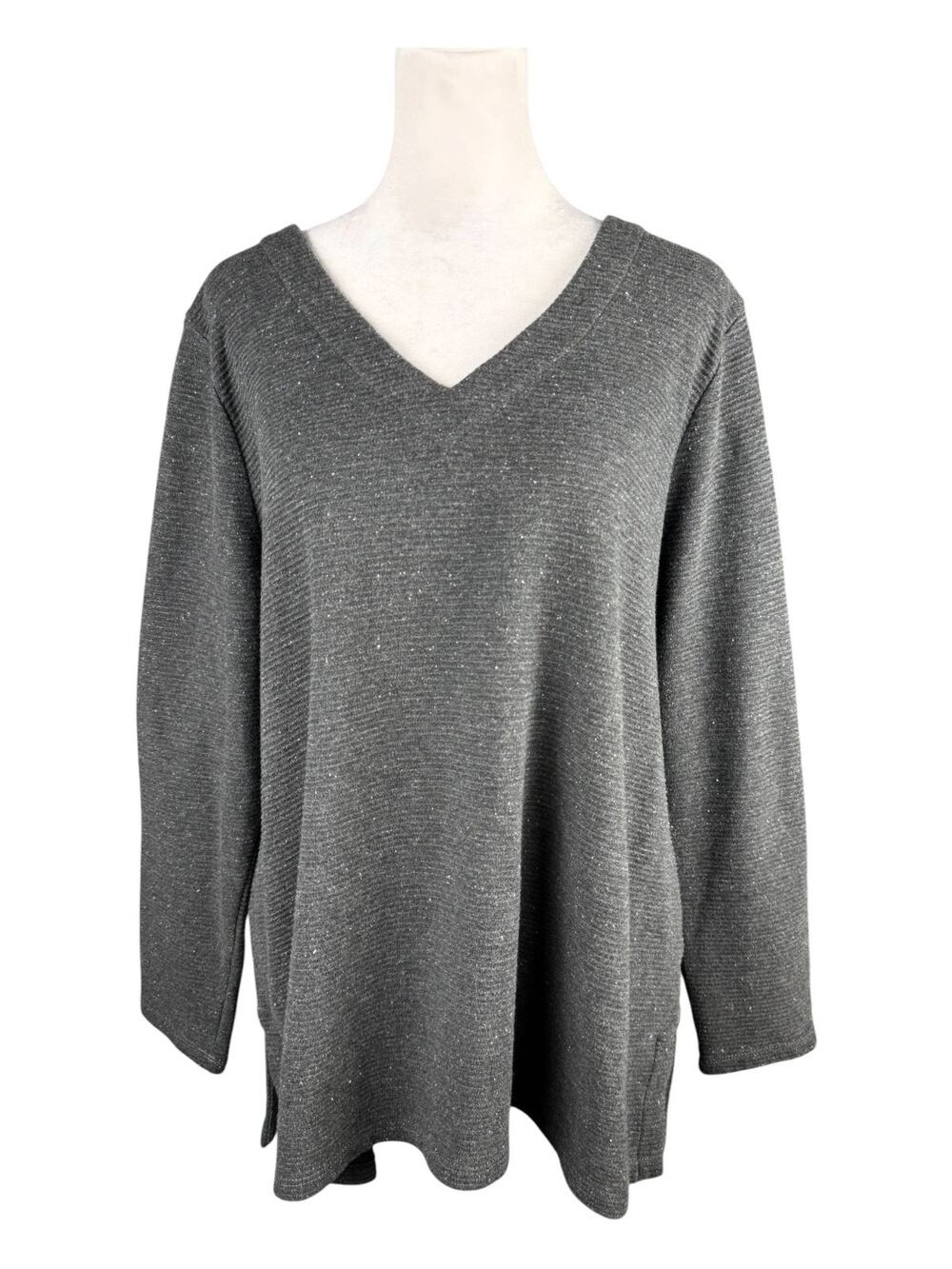 J Jill Wearever LP V-Neck Ribbed Knit Tunic Top Grey Speckled Long Sleeve Travel